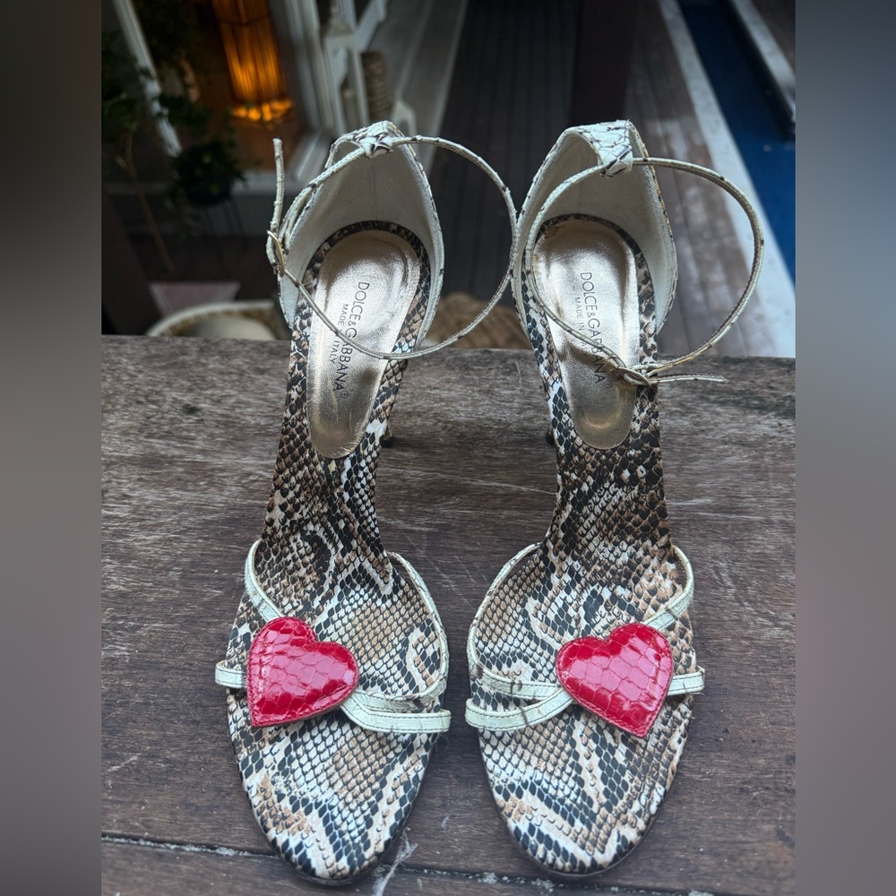 Dolce & Gabbana Women's Snakeskin Heels with Red Heart Accent